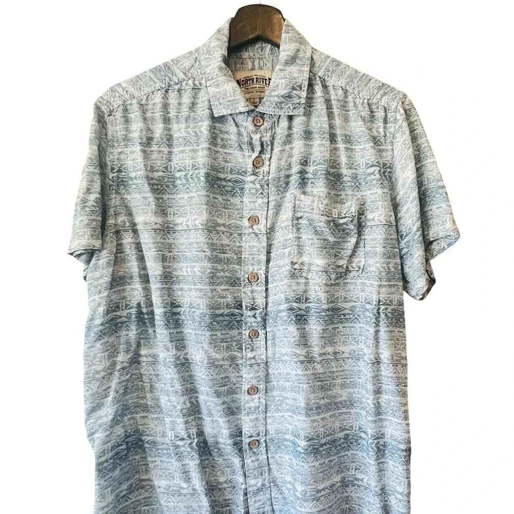 North River Mens Blue Steel Geometric Print Tencel Rayon Button Up Shirt Large